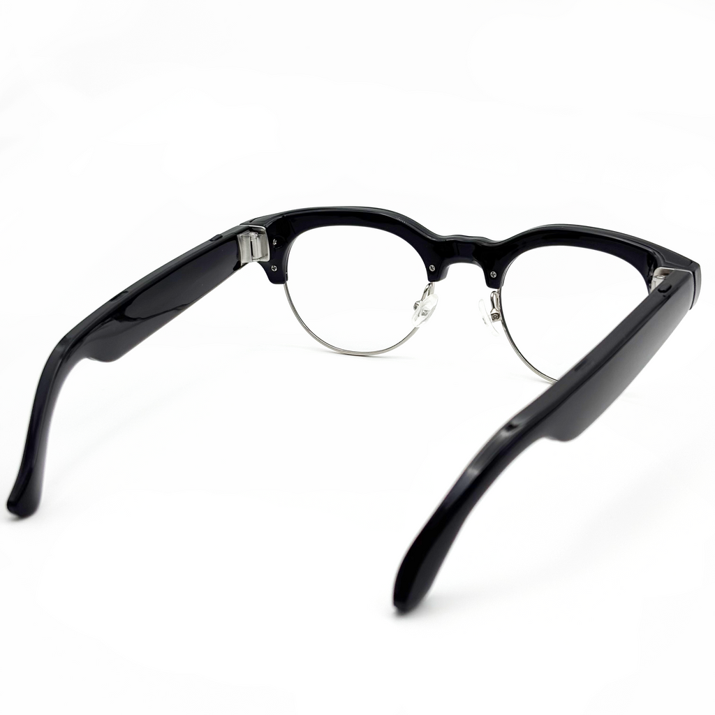 POJETIX P02 AI Smart Glasses – Rear View Showing Both Temple Arms, Speaker Grilles and Hinge Detail