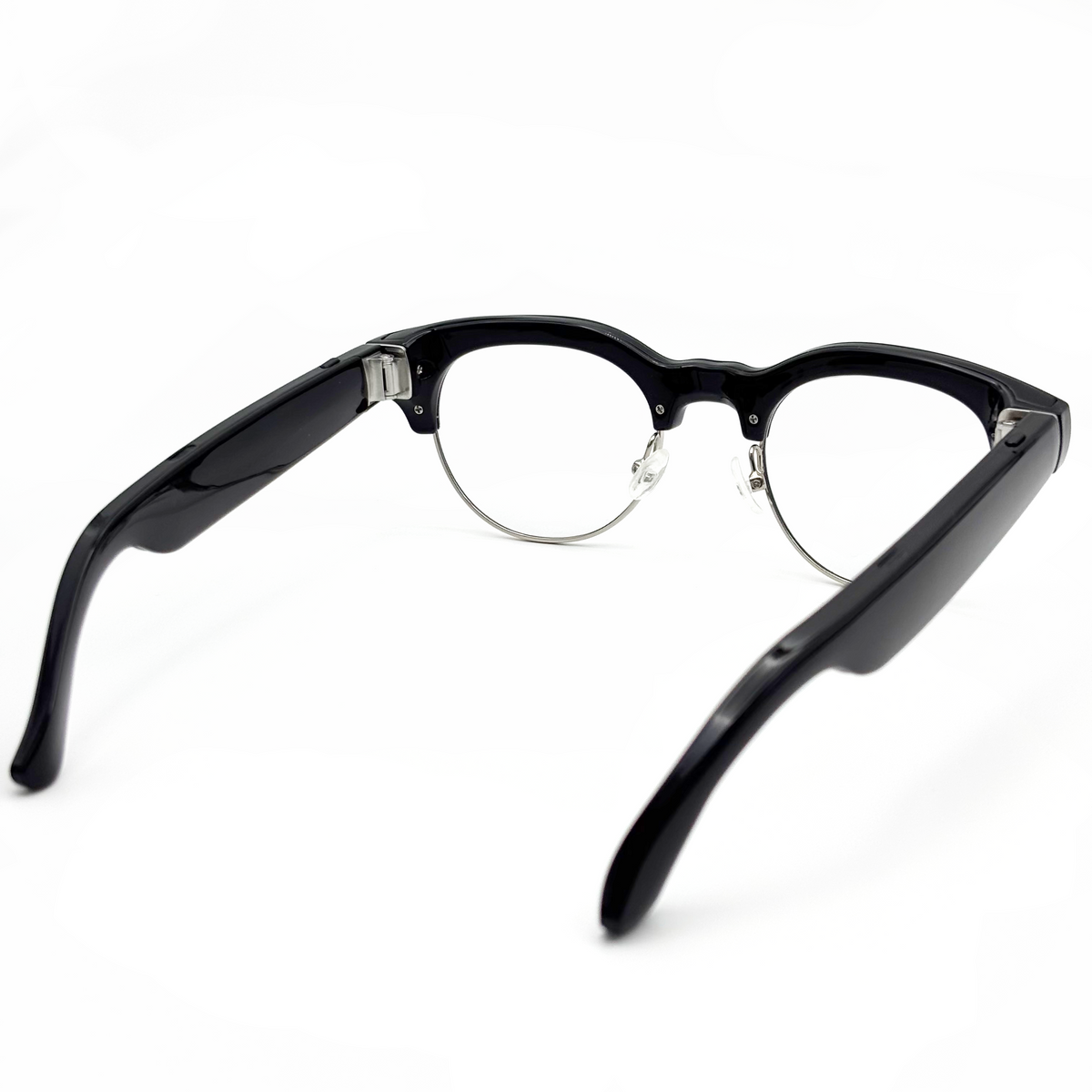 POJETIX P02 AI Smart Glasses – Rear View Showing Both Temple Arms, Speaker Grilles and Hinge Detail