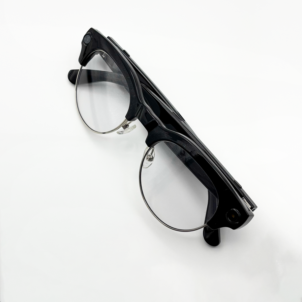 POJETIX P02 AI Smart Glasses – Folded Side Angle View Showing Temple Arm Thickness and Speaker Grille