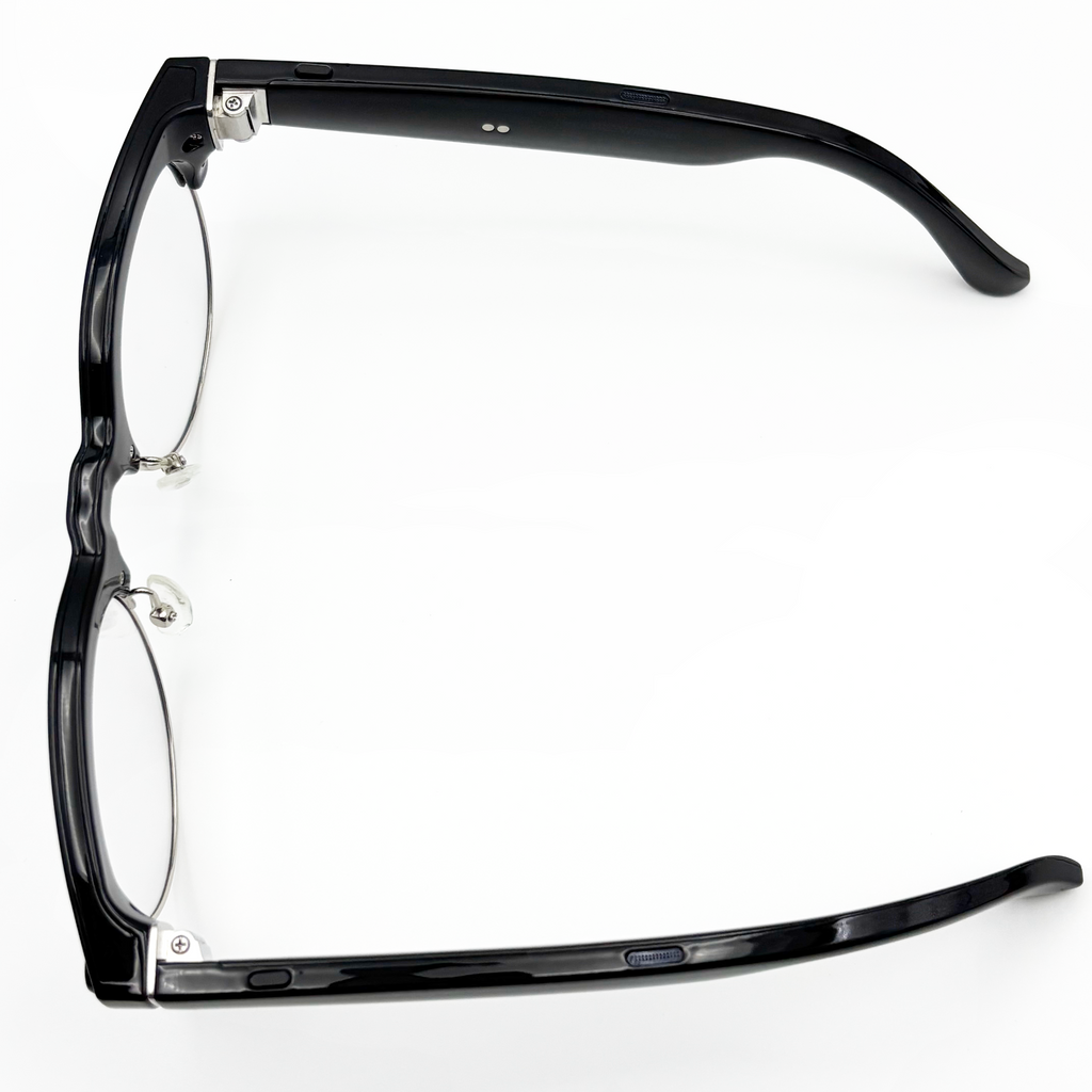 POJETIX P02 AI Smart Glasses – Top-down View Showing Frame Structure, Hinge and Temple Arms