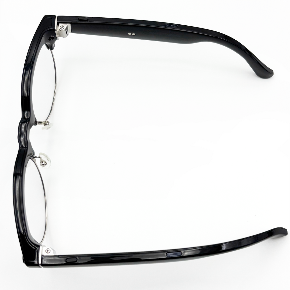 POJETIX P02 AI Smart Glasses – Top-down View Showing Frame Structure, Hinge and Temple Arms