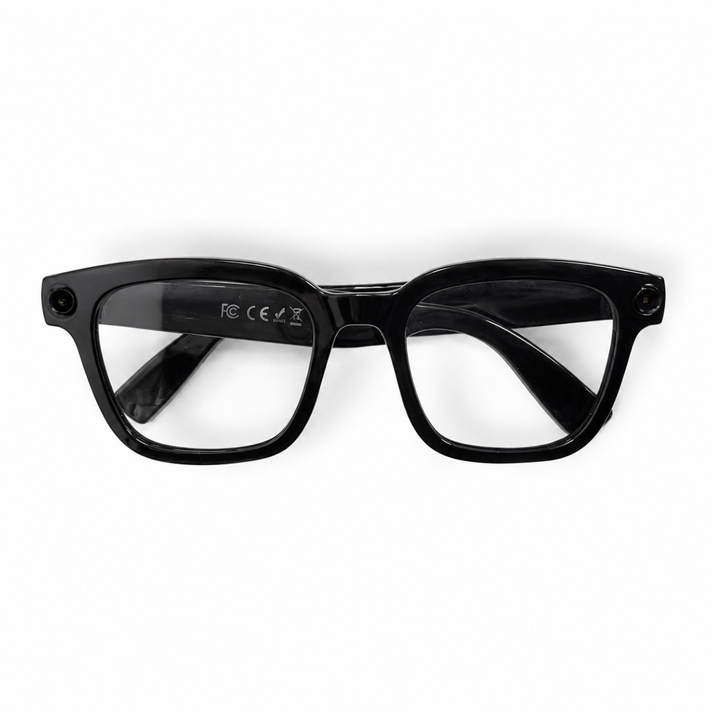 POJETIX P01 AI Smart Glasses – Top-down View Showing Camera Module and FCC Certification
