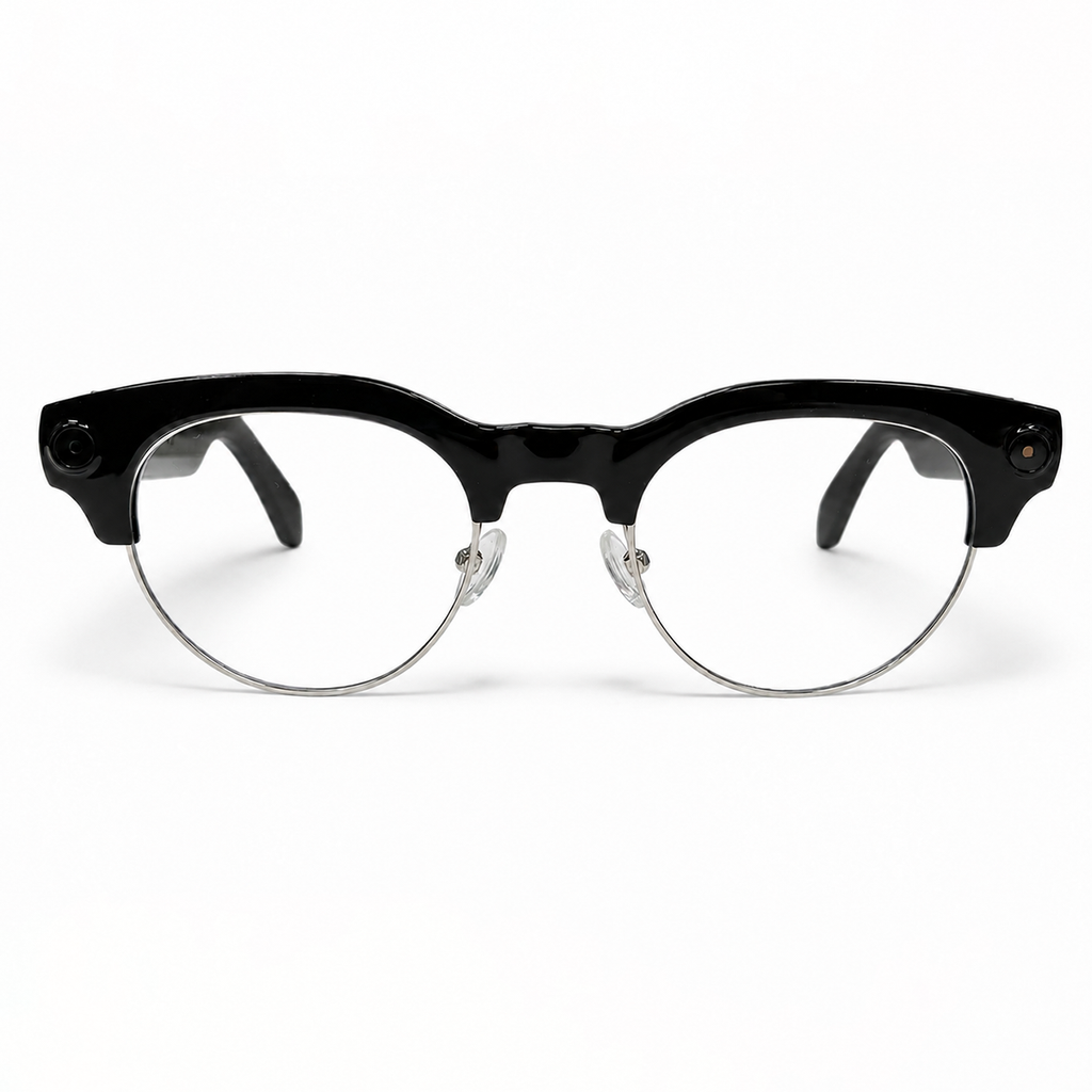 POJETIX P02 AI Smart Glasses – Front View, Black Half-Frame with Round Clear Lenses and Dual Cameras