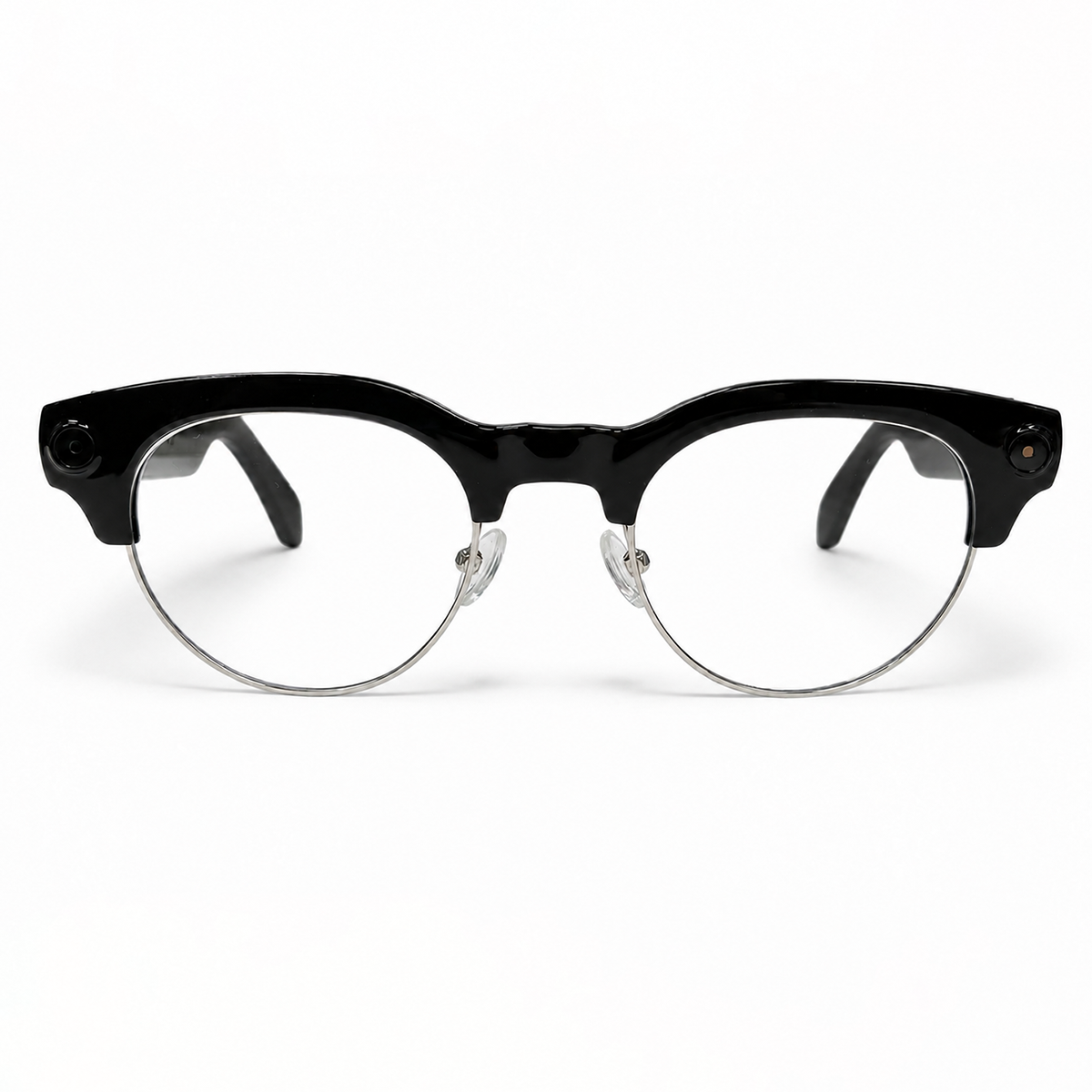 POJETIX P02 AI Smart Glasses – Front View, Black Half-Frame with Round Clear Lenses and Dual Cameras