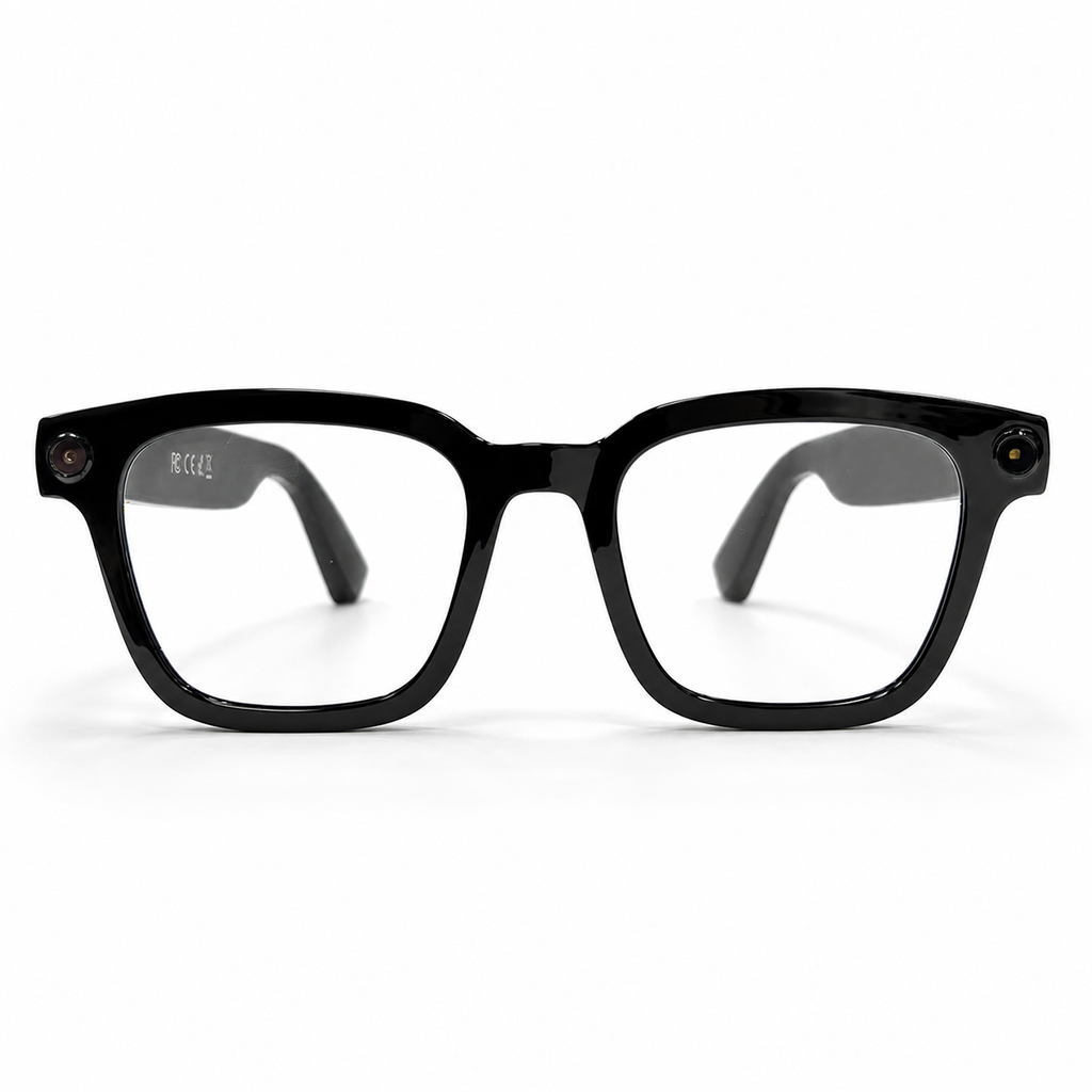 POJETIX P01 AI Smart Glasses – Front Face-on View, Glossy Black Frame with Dual Cameras
