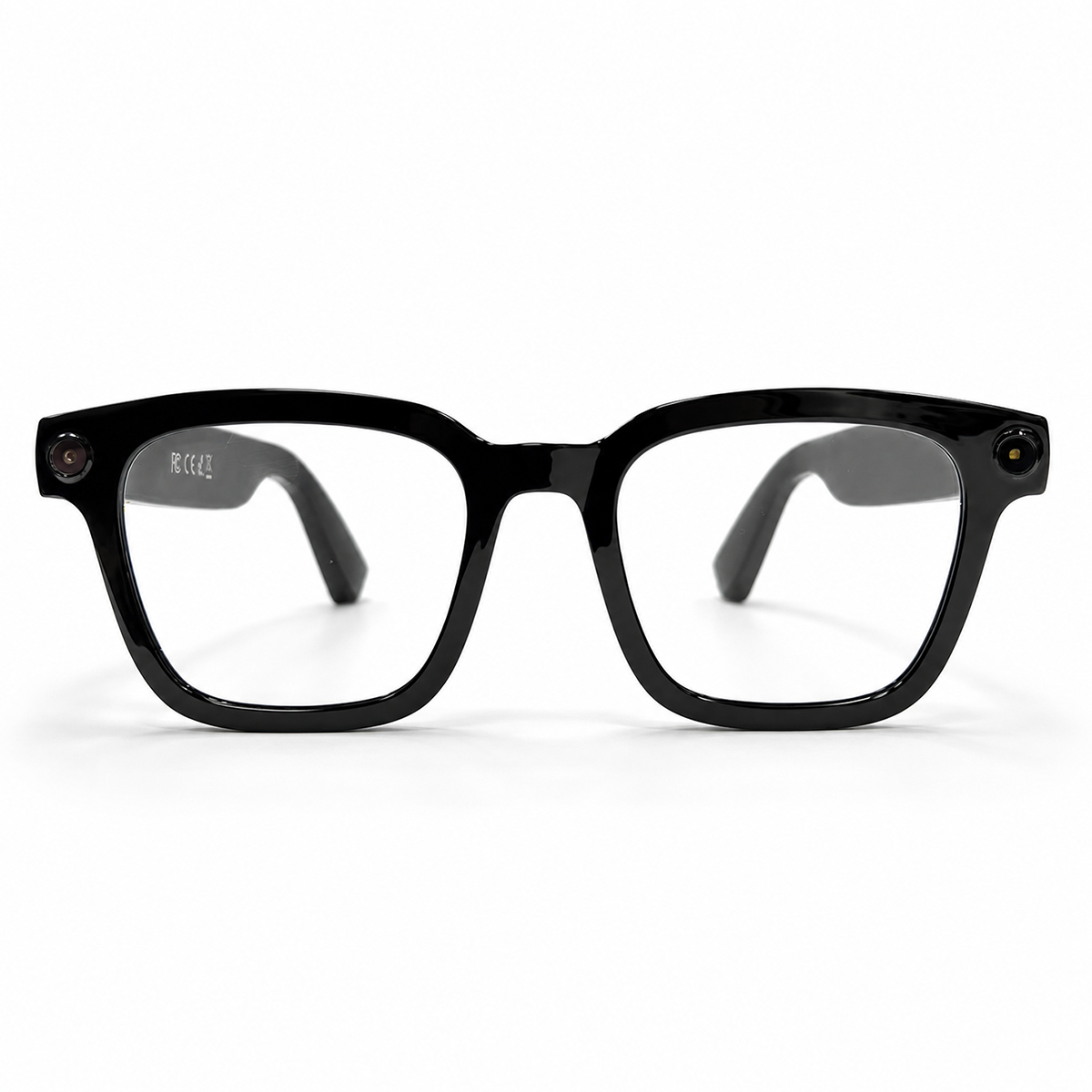 POJETIX P01 AI Smart Glasses – Front Face-on View, Glossy Black Frame with Dual Cameras
