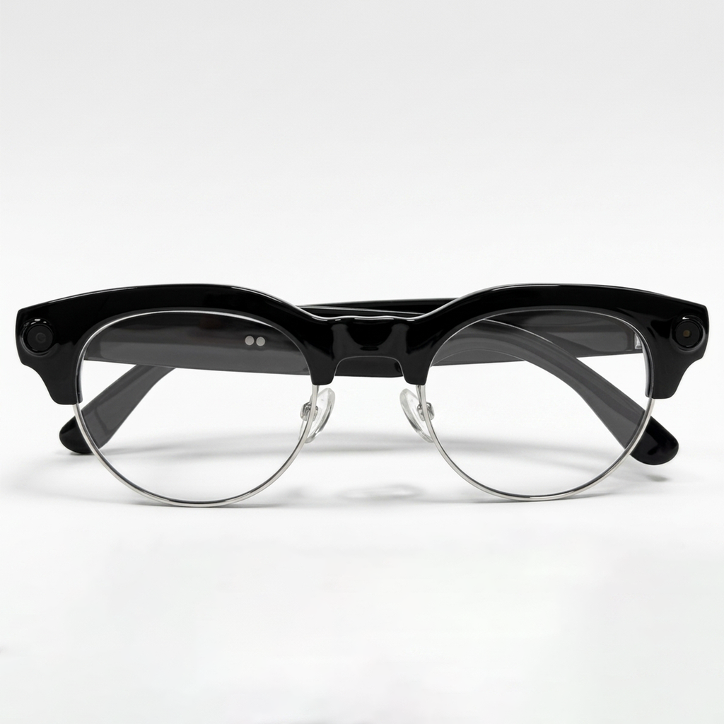 POJETIX P02 AI Smart Glasses – 3/4 Angle View Showing Camera Module and Temple Speaker