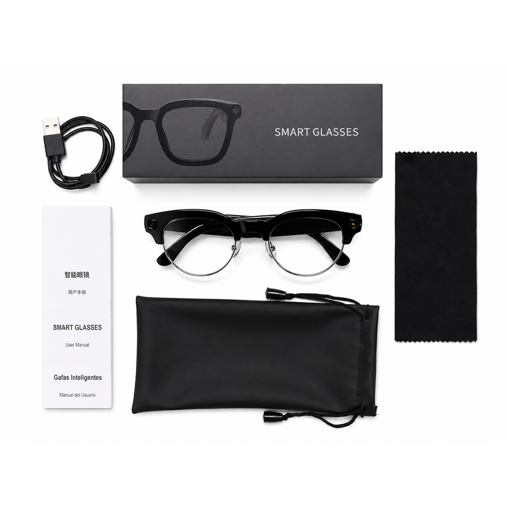 POJETIX P02 AI Smart Glasses – Full Package Contents: Glasses, Box, Charging Cable, Pouch, Cleaning Cloth and User Manual