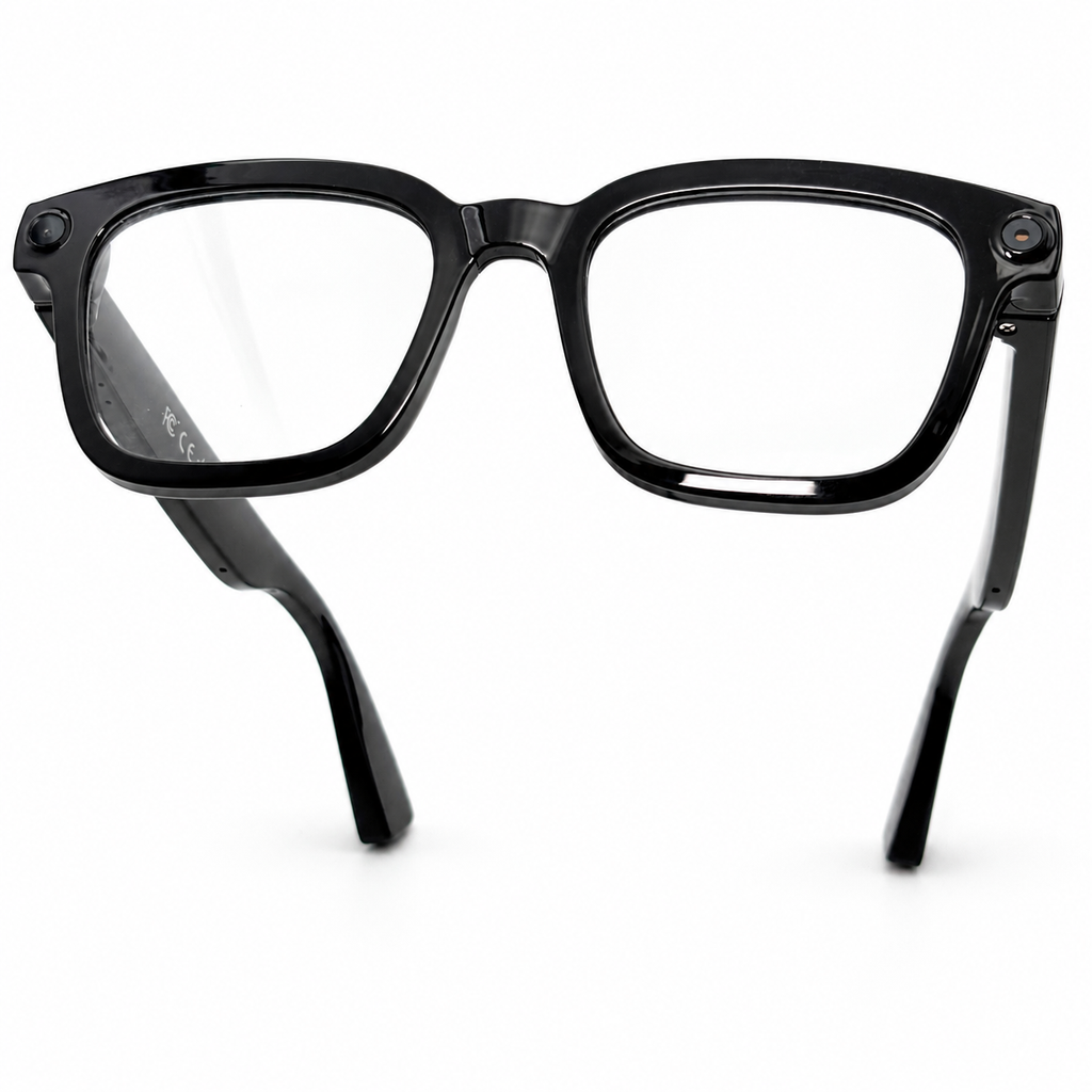POJETIX P01 AI Smart Glasses – Bottom-up View Showing Dual Camera Sensors on Both Temples
