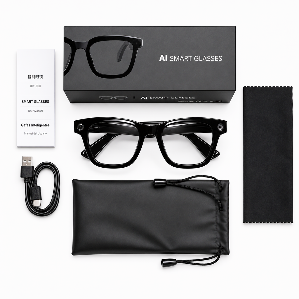 POJETIX P01 AI Smart Glasses – Full Package Contents: Glasses, Charging Cable, Pouch, Cleaning Cloth and User Manual