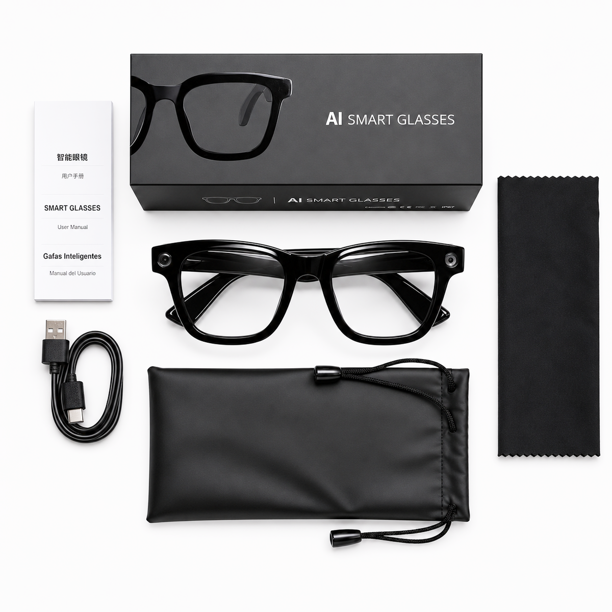 POJETIX P01 AI Smart Glasses – Full Package Contents: Glasses, Charging Cable, Pouch, Cleaning Cloth and User Manual